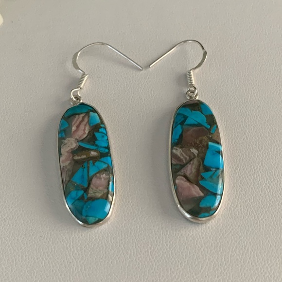 Copper & Turquoise Mosaic Handmade Silver Drop Earrings - Picture 6 of 9